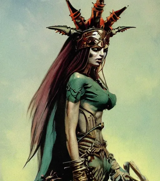 Prompt: evil princess of the wasteland, scrap metal headdress, strong line, deep color, cloudy sky, beautiful! coherent! by brom, by frank frazetta, low angle