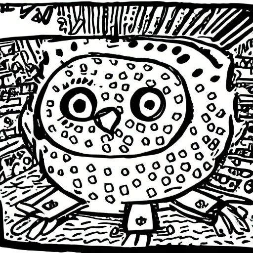 Prompt: funny comic character of a round fat owl running with a wise expression, illustration for children, digital art, painted by keith harring