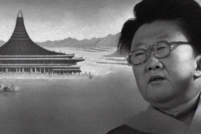 Image similar to a filmstill of Kim Jong-il looking at Starro Kaiju monster destroying Pyongyang, in Rashōmon by Akira Kurosawa (1950), traditional Korean city, palace, epic ultrawide shot, cinémascope