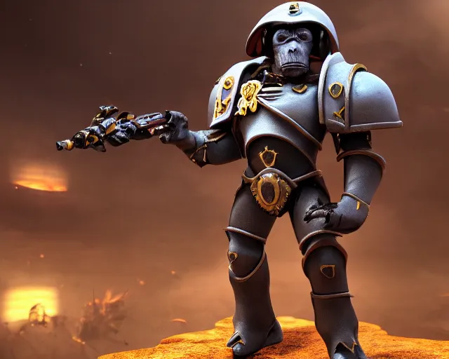 Prompt: suzanne the 3 d blender monkey blender 3 d wearing warhammer space marine armor dynamic pose menacing cinematic shot atmospheric greebled high detail 4 k