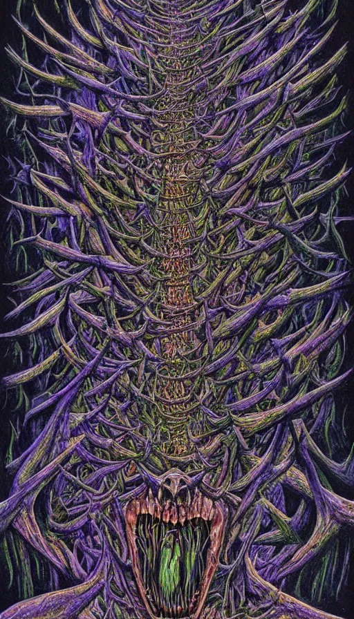 Image similar to a storm vortex made of many demonic eyes and teeth over a forest, by alex grey,