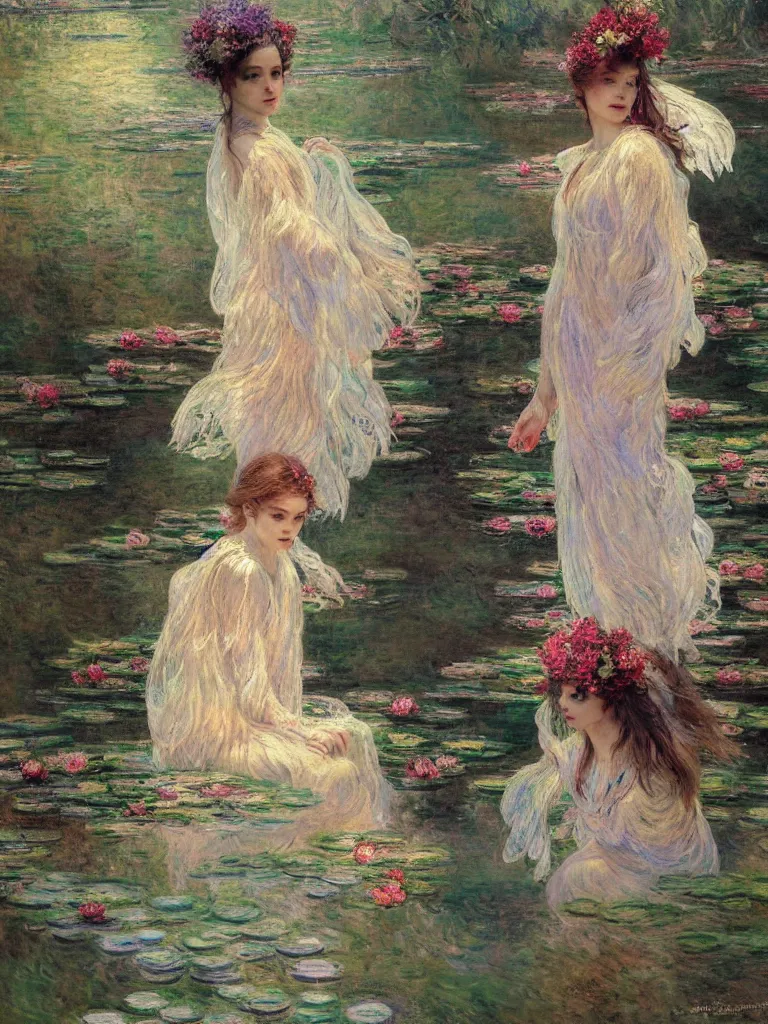 Prompt: illustration studio portrait of three beautiful seraphim female energy in artistic poses in a pond in nature, monet painterly motives and textures pattern, hyper detailed, octane render, vivid colors, artstation, by jeremy mann, by alphonse mucha, by monet