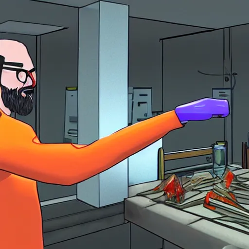 Prompt: gordon freeman synthesizing xen crystals in a meth lab