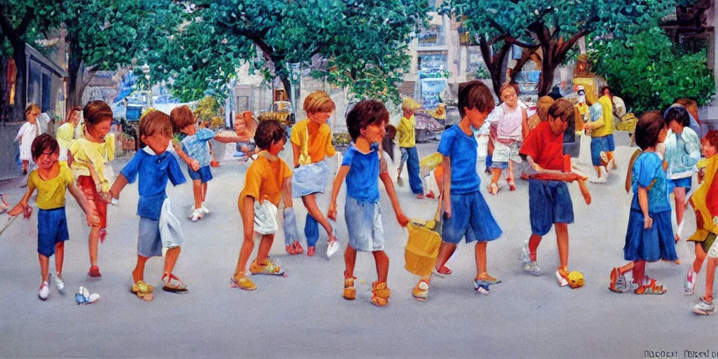 Prompt: kids in the street in summer, painting by robert vickrey