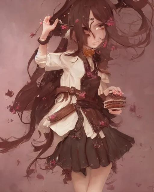 Image similar to a girl as personification of chocolate cupcake, fantasy bakery, digital art by krenz cushart, laurie greasly, intricate details, sharp focus, smooth, epic composition