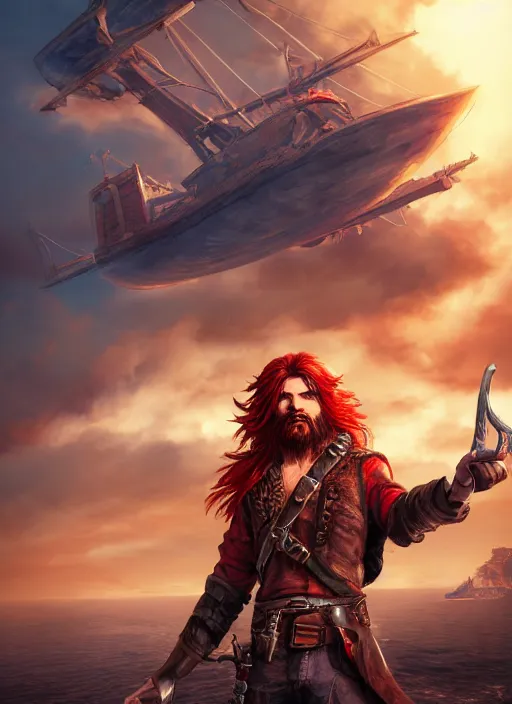 Prompt: An epic fantasy comic book style portrait painting of a long haired, red headed male sky-pirate wielding a pistol in front of an airship, unreal 5, DAZ, hyperrealistic, octane render, cosplay, RPG portrait, dynamic lighting