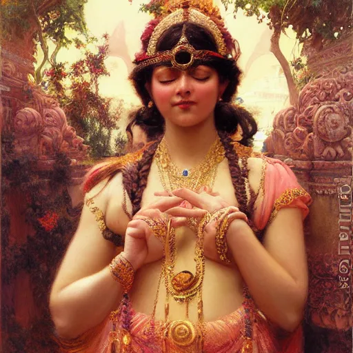 Image similar to detailed full body of hindu traditional woman blindfolded high - tech vr headset in baroque style, girl graceful,, painting by gaston bussiere, craig mullins, j. c. leyendecker, lights, art by ernst haeckel, john william godward, hammershøi,,