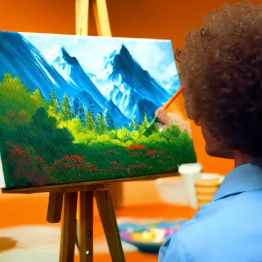 Image similar to a closeup photorealistic photograph of bob ross working on a canvas painting of cookie monster. film still. brightly lit scene. mountains and trees. this 4 k hd image is trending on artstation, featured on behance, well - rendered, extra crisp, features intricate detail, epic composition and the style of unreal engine.