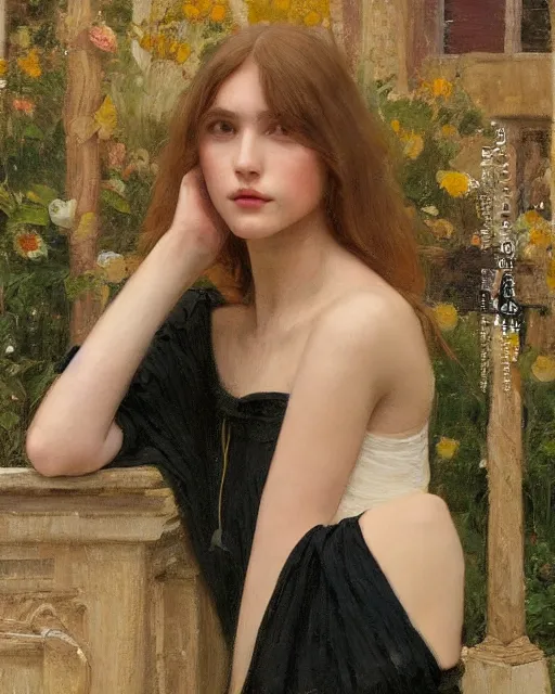 Image similar to a highly - detailed painting by john william waterhouse and vogue magazine and ilya kuvshinov and edward hopper and annie leibovitz of a modern 2 0 1 0 s fashion photography portrait