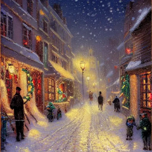 Prompt: an alley in paris in winter, snowing, christmas night, 1 9 1 0, by thomas kinkade, colorful