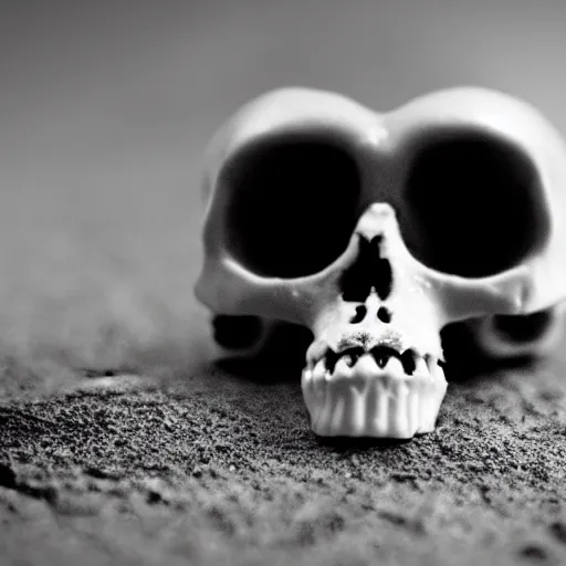 Prompt: a tiny, pristine white human Skull, plain black background, close-up macro photography, bokeh, shallow focus