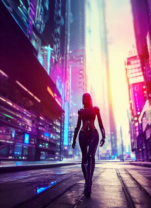 Image similar to photo of a beautiful woman walking through a ( ( ( cyberpunk city ) ) ), full body, hyper realistic, 8 k, dslr, unreal engine, highly detailed portrait