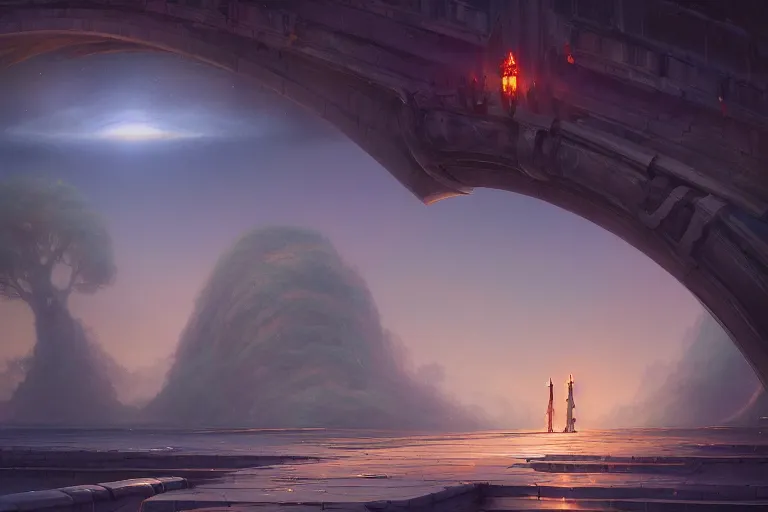 Image similar to Surreal, bridge between the worlds, fairy magnificent, elegant, sweeping arches, Cinematic lighting, Awe inspiring, Octane Render, high definition, Trending Artstation, digital Art, by Studio Ghibli, Brom, Jordan Grimmer, greg rutkowski,