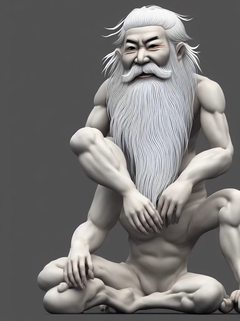 Prompt: the whole body of fuxi in chinese mythology, long white hair, long white beard, kind and solemn, sit on the ground, 3 d render, hyper detailed, 4 k hd