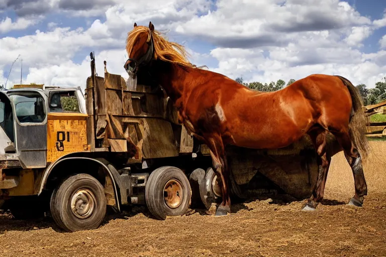 Image similar to dump truck with the body of a horse, photograph,