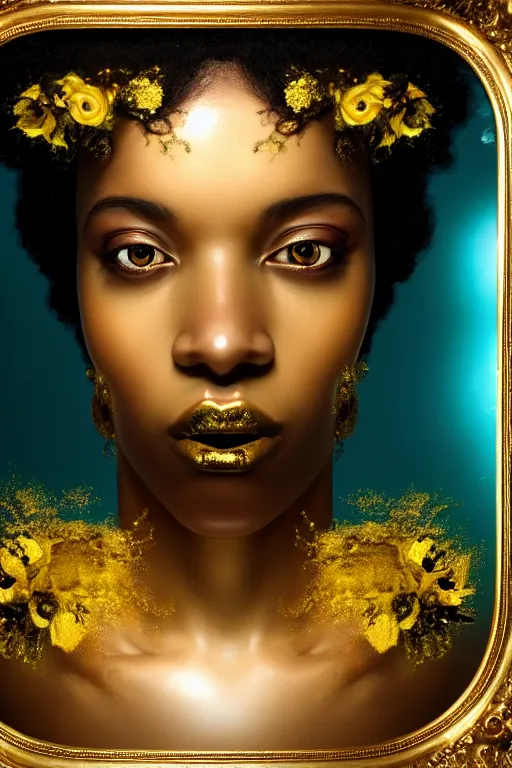 Image similar to hyperrealistic neo - rococo cinematic very expressive! black oshun goddess, open eyes, body in water, mirror dripping droplet!, gold flowers, highly detailed face, digital art masterpiece, smooth eric zener cam de leon dramatic pearlescent teal light, ground angle uhd 8 k, sharp focus