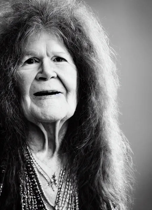 Image similar to DSLR photo portrait still of 77 year old age 77 Janis Joplin at age 77!!!, 85mm f1.8