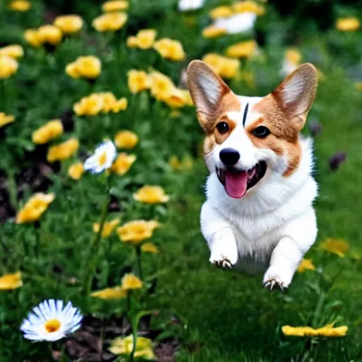 Prompt: corgi flying around flowers as a bee, cute, happy, realistic, sparkling petals, action shot