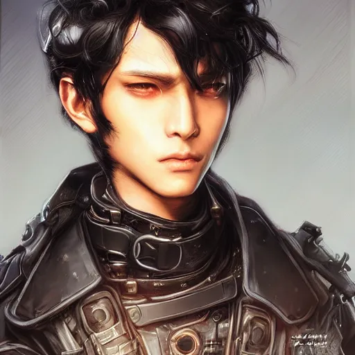 Prompt: portrait of a man by ayami kojima, black, he is about 2 0 years old, short black hair, annoyed older brother vibes, he is wearing a steampunk tactical gear, highly detailed portrait, digital painting, artstation, concept art, smooth, sharp foccus ilustration, artstation hq