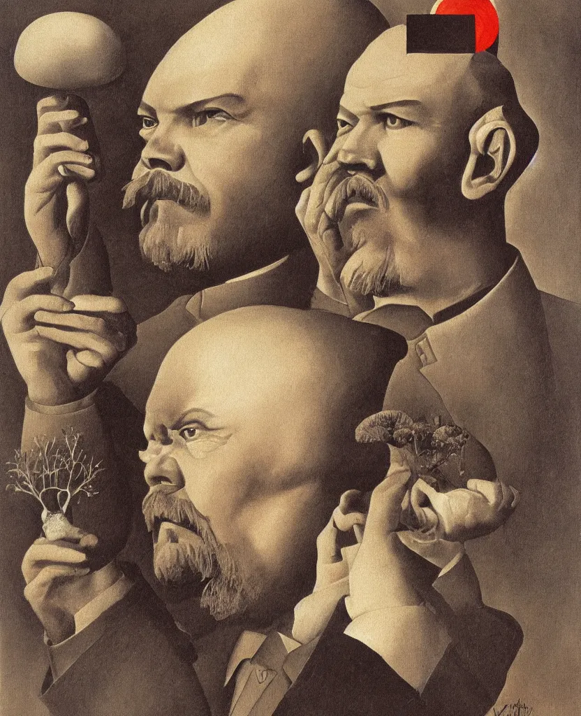 Image similar to A detailed portrait of Vladimir Lenin with a mushroom for a head. Painted by Grant Wood