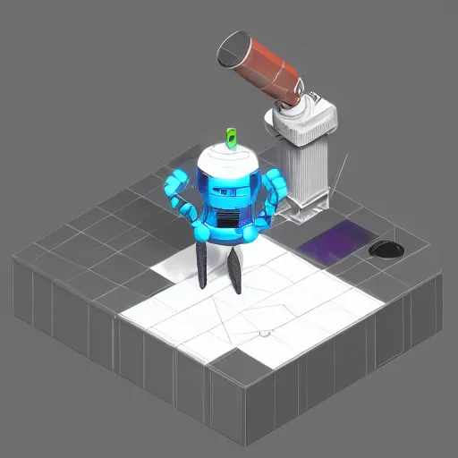 Prompt: isometric robot cafe, cat robot, cyber city, floating in space, 3d model, hard light, blender, trending on Artstation