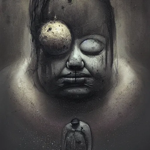 Image similar to portrait of the face of big fat old sumoringer as despair from sandman, venus of willendorf, by jeremy mann, by gregory crewdson, by bastien lecouffe deharme, by russ mills, sad face, topknot, black hair, mourning, black eyes, white room, soft lightning, high detailed, 8 k