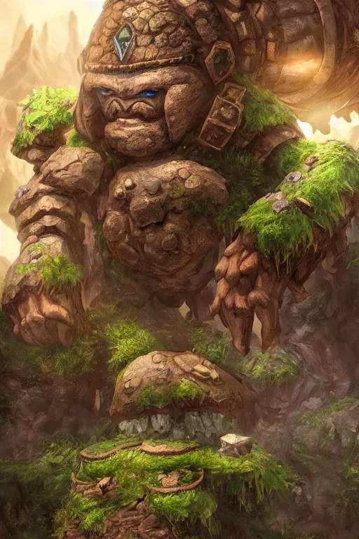 Image similar to zelda fantasy art giant golem troll wood rock greeble gemstone, global illumination ray tracing hdr fanart arstation by sung choi and eric pfeiffer and gabriel garza and casper konefal