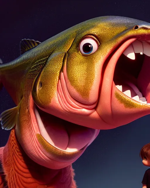 Image similar to disney pixar portrait 8 k photo of a king salmon : : by weta, greg rutkowski, wlop, ilya kuvshinov, rossdraws, artgerm, annie leibovitz, rave, unreal engine, alphonse mucha : :