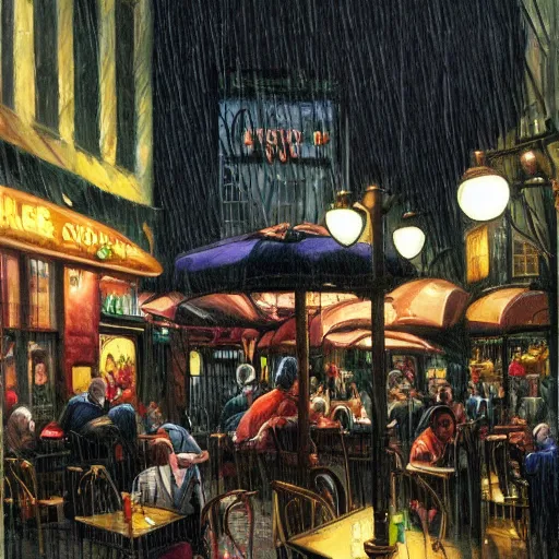 Prompt: busy cafe in a rainy victorian city, neil gaiman