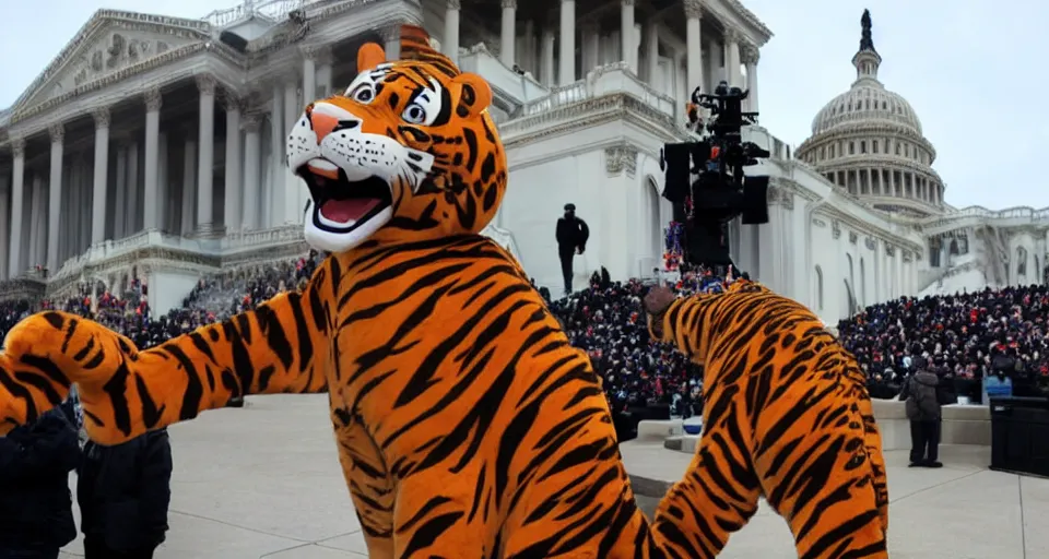 Image similar to Tony the Tiger at the January 6 attack on the US Capitol