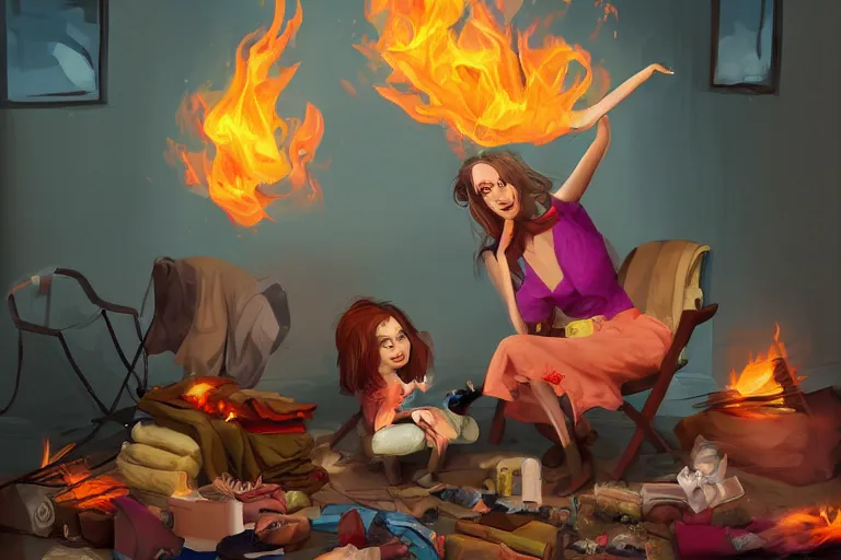 Prompt: a crazy housewife hurries up to pack daughter's things, surrounded with fire, clothes are flying around, digital art, trending on artstation