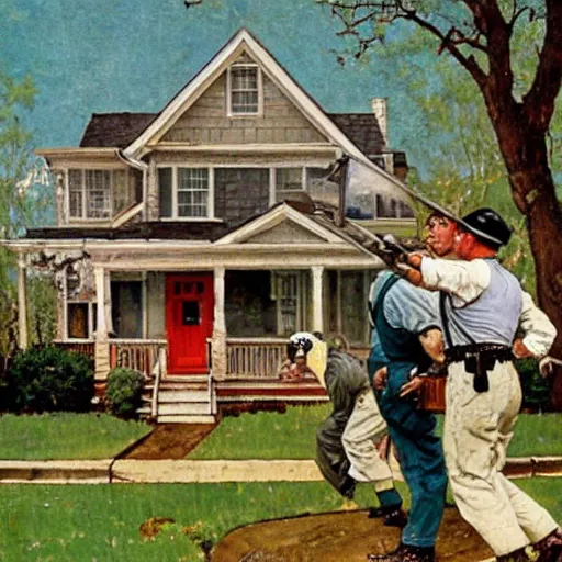 Image similar to a Norman Rockwell painting of a house getting swatted