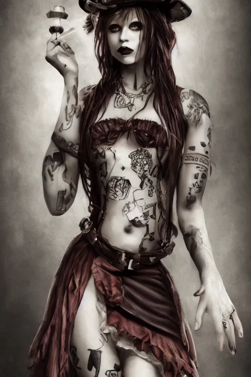 Image similar to Beautiful female, full body, Alice in wonderland, punk rock, piercings, tattoos, skirt, midriff, dramatic lighting, cinematic, establishing shot, extremely high detail, foto realistic, cinematic lighting, post processed, concept art, high details, cinematic, 8k resolution, beautiful detailed, photorealistic, digital painting, artstation, concept art, smooth, sharp focus, artstation trending, octane render, unreal engine