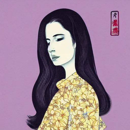 Image similar to “ lana del rey portrait by ikenaga yasunari and ayana otake and ko rakusui, 6 0 s poster, drawing, realistic, sharp focus, japanese, dreamy, nostalgia, faded, golden hues, floral clothes ”