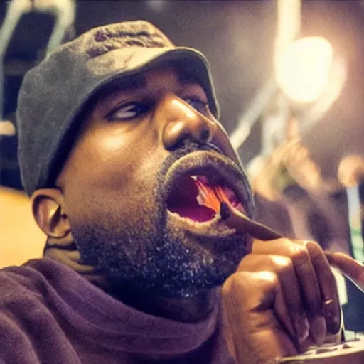 Image similar to blurry, gopro footage of kanye west eating at taco bell, cinematic, volumetric lighting, night, rain