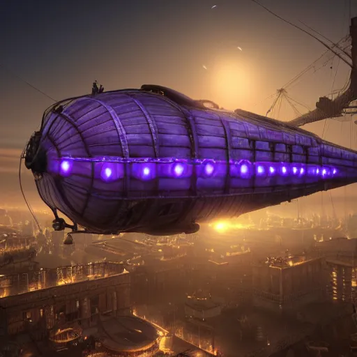 Prompt: steampunk airship above steampunk city with purple night lights, photo realistic, 4k, unreal engine, dynamic light, detailed