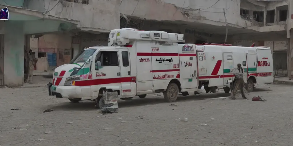 Image similar to arabic ambulance attending emergency in pakistan city, light cinematic, volumetric, realistic, cinematic lighting, hyper realistic