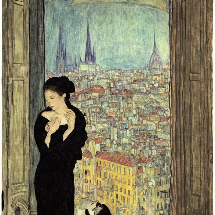 Prompt: close portrait of woman in night gown with cat, with city with gothic cathedral seen from a window frame with curtains. thunderstorm. caravaggio, egon schiele, bonnard, henri de toulouse - lautrec, utamaro, monet