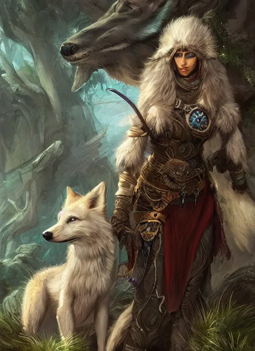 Image similar to digital _ painting _ of _ a female druid with her wolf companion _ by _ filipe _ pagliuso _ and _ justin _ gerard _ symmetric _ fantasy _ highly _ detailed _ realistic _ intricate _ port