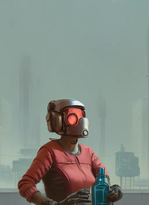 Image similar to a woman wearing a helmet drinking a drink, cyberpunk art by simon stalenhag, cgsociety, panfuturism, dystopian art, sci - fi, artstation hq