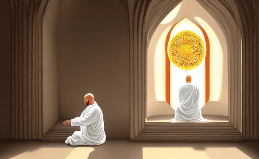 Prompt: distant monk wearing a white garment sitting inside a peaceful marble temple while being illuminated by a great ray of light, blissful, detailed, photorealism, digital oil painting, 4k