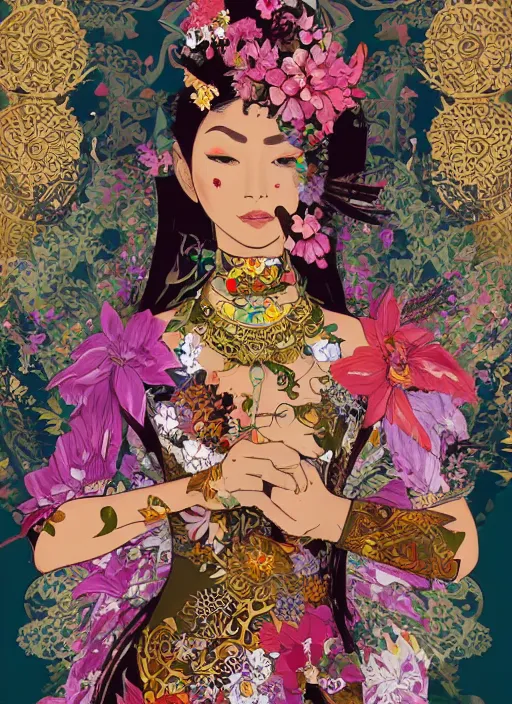 Image similar to !!! very coherent!!! vector art, beautiful floralpunk balinese cyborg portrait girl female illustration detailed patterns art of bali traditional dress, wearing gloves, flower pop art, floral splash painting, art by ashley wood, alphonse mucha, makoto shinkai, geof darrow, dark shadow