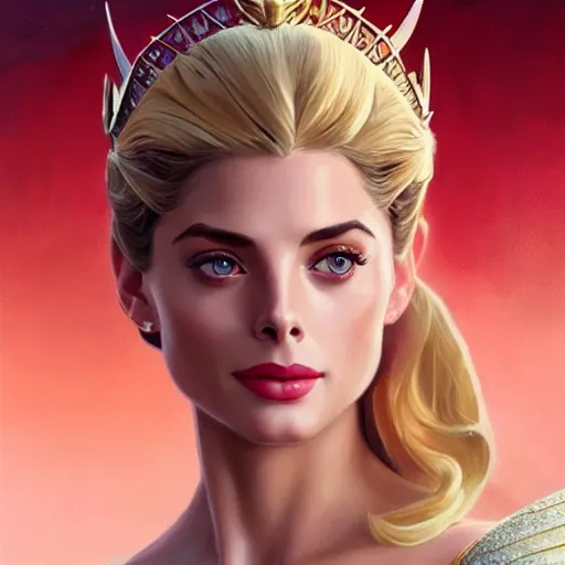 Image similar to A combination of Grace Kelly's and Willa Holland's and Ashley Greene's faces as She-Ra, western, D&D, fantasy, intricate, elegant, highly detailed, digital painting, artstation, concept art, matte, sharp focus, illustration, art by Artgerm and Greg Rutkowski and Alphonse Mucha