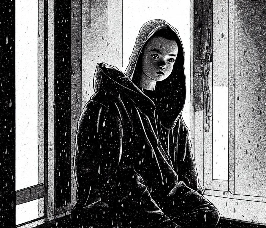 Image similar to sadie sink in hoodie sits on windowsill, knees tucked in | rain falls at night : b & w storyboard, scifi cyberpunk. by gabriel hardman, joe alves, chris bonura. cinematic atmosphere, detailed and intricate, perfect anatomy