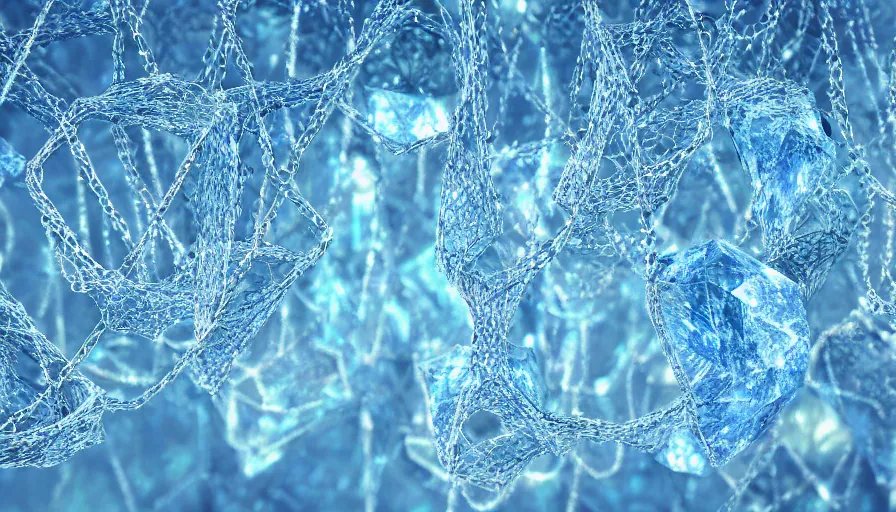 Image similar to crystals hung in a fine chain net, the crystals being ever shining with an inner blue radiance, realistic, octane render