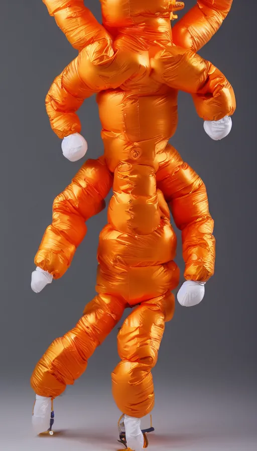 Prompt: a single striding slender figurine of a tall giant inflated hazmat man wearing over sized gold teal puffy bomber jacket, long bendy arms and legs, googly eyes, tareme eyes, small head, personification, dynamic pose, detailed product photo, tone mapped, beautiful composition, orange mist swirling at feet, 8 5 mm, f 5. 8