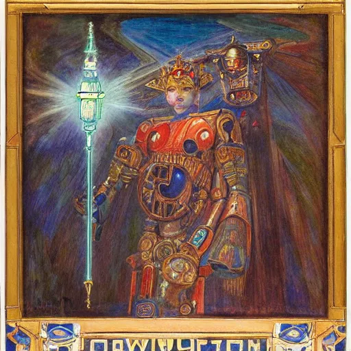 Image similar to the robot king of dawn with his lantern and crown, by Annie Swynnerton and Diego Rivera , symbolist, dramatic lighting, elaborate geometric ornament, Art Brut, soft cool colors,smooth, sharp focus, extremely detailed, Adolf Wölfli and Donato Giancola