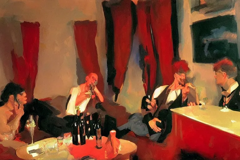 Prompt: glam rockers drinking wine, inside a tiny green room with red lights by joaquin sorolla, greg rutkowski, bill sienckiwicz, extremely detailed