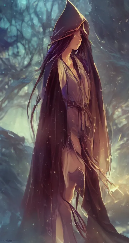 Prompt: a very beautiful anime sorceress, full body, long red hair, full round face, short smile, cloak with hood, fantasy town setting, cinematic lighting, medium shot, mid-shot, highly detailed, trending on Artstation, Unreal Engine 4k, cinematic wallpaper by Stanley Artgerm Lau, WLOP, Rossdraws, James Jean, Andrei Riabovitchev, Marc Simonetti, and Sakimichan