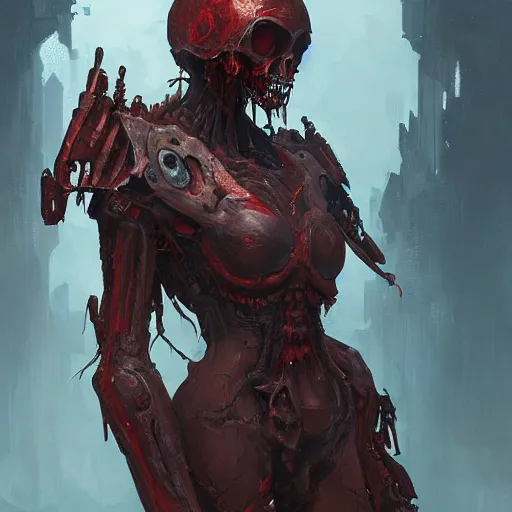 Image similar to undead - mech with bloody - flesh, grimdark magic, elegant, digital illustration, detailed, intricate, sharp focus, digital painting, deep focus, digital painting, artstation, concept art, matte, art by artgerm and greg rutkowski and alphonse mucha